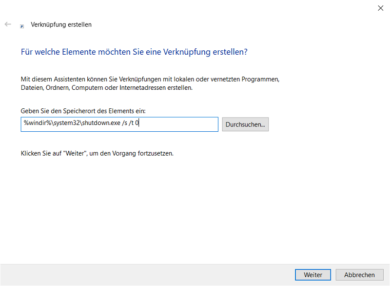 Verknüpfung erstellen und Windows schnell herunterfahren