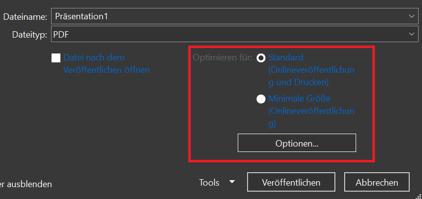 Veröffentlichungsoptionen für die Präsentation