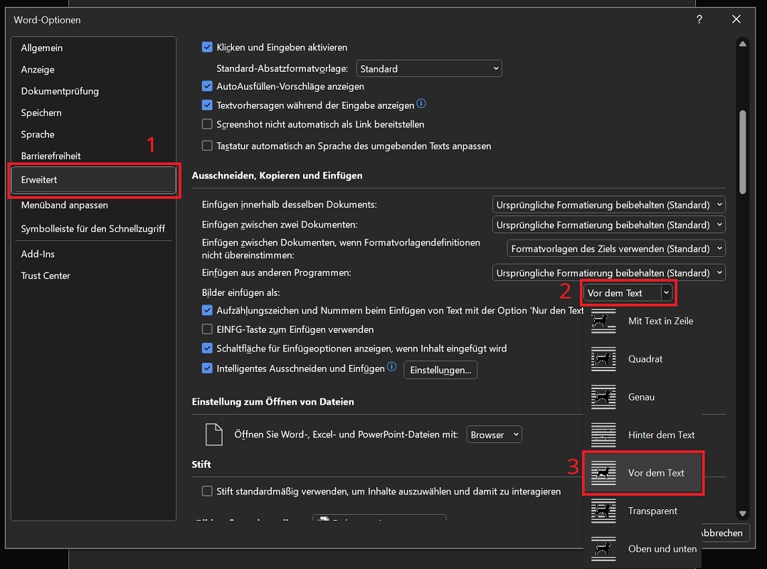 Voreinstellung ändern, um Bilder in Word zukünftig immer frei zu bewegen
