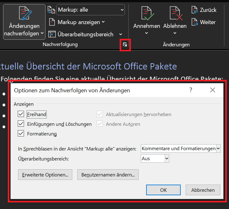 Weitere Optionen zum Nachverfolgen von &Auml;nderungen