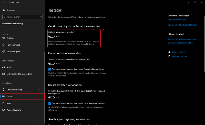 Windows 10: Bildschirmtastatur in den Einstellungen aktivieren