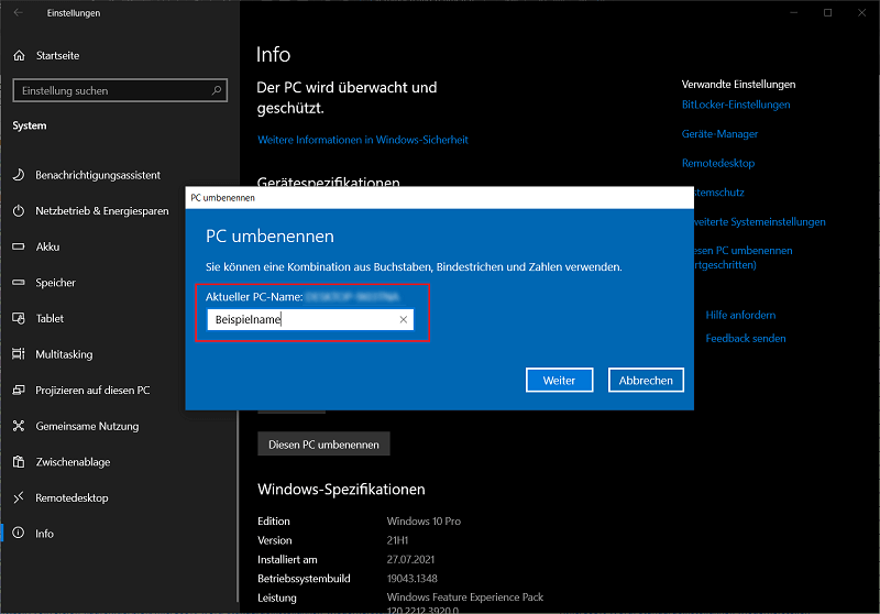 Computername in den Windows 10 Einstellungen ändern