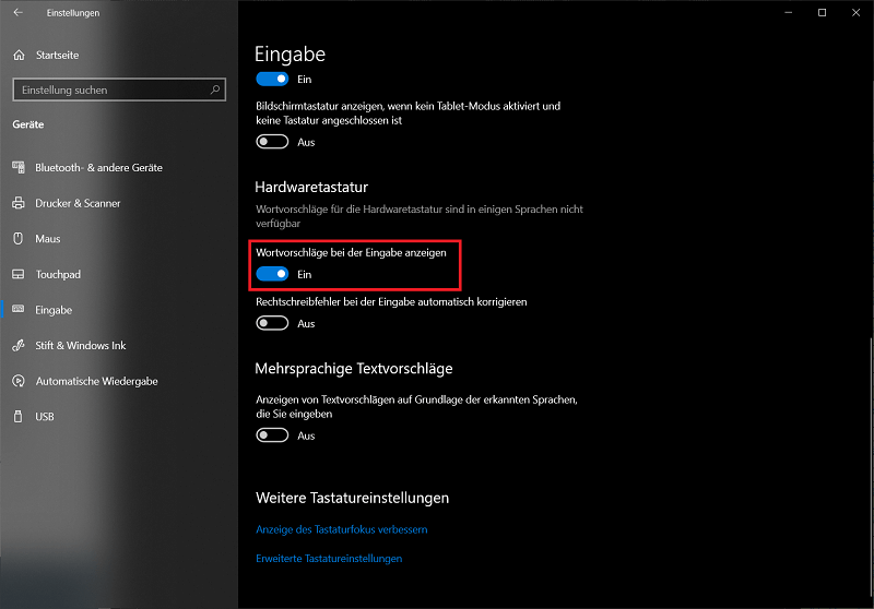 Textvorschläge in den Windows 10 Einstellungen aktivieren