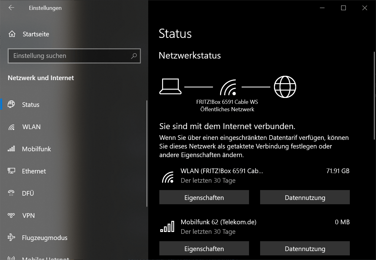 Einstellungs- und Freigabeoptionen in Windows 10