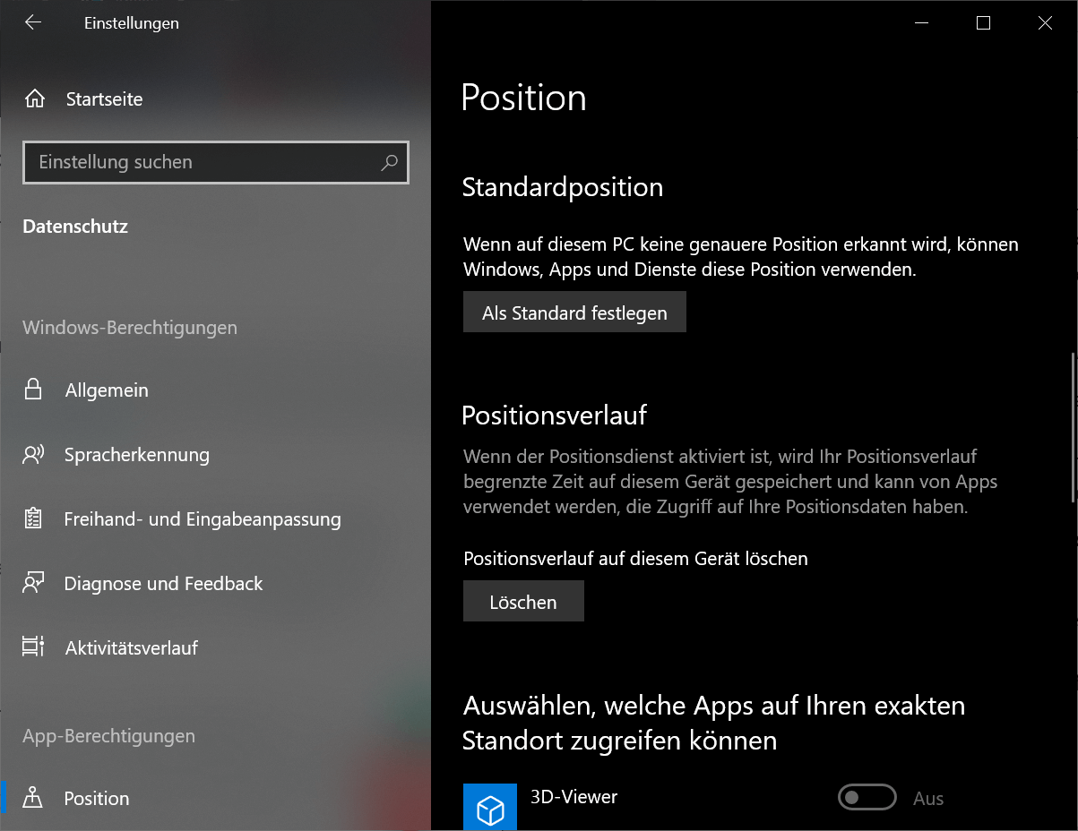 Positionseinstellungen in Windows 10 ändern