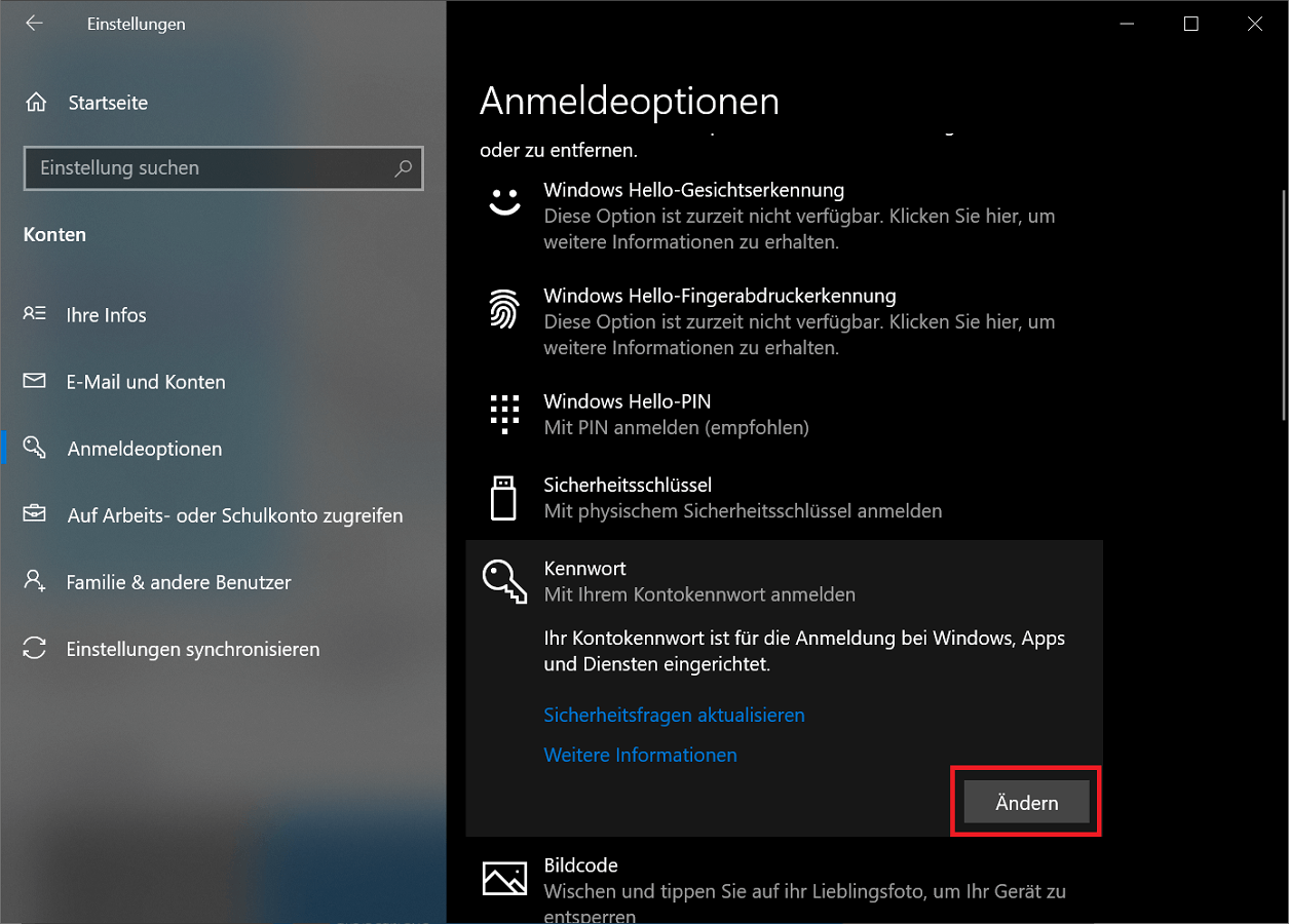 Passwort in den Windows Anmeldeoptionen &auml;ndern