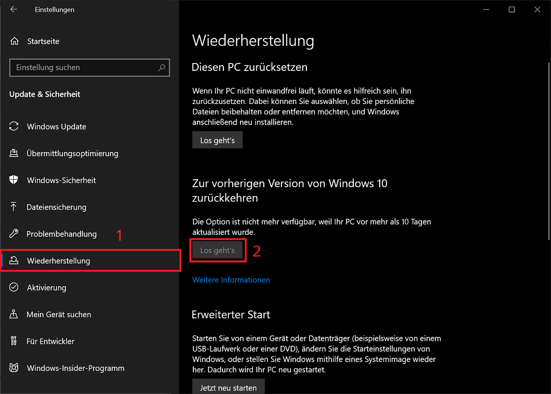 Windows auf vorherige Version zur&uuml;cksetzen