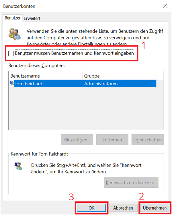 Windows-Passwort für den PC-Start in den Benutzerkonten abschalten