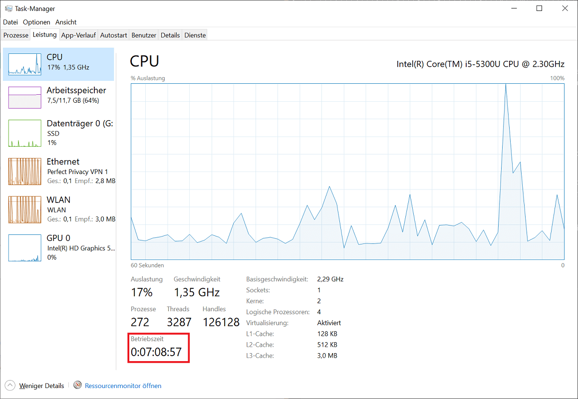 Windows Uptime im Task-Manager anzeigen