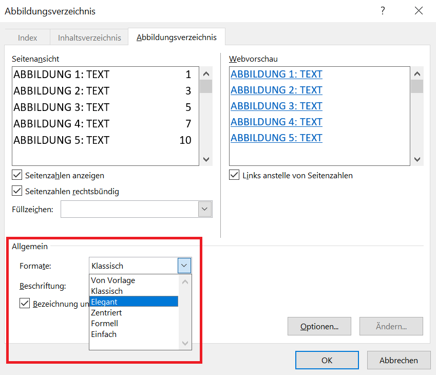 Abbildungsverzeichnis in Word formatieren