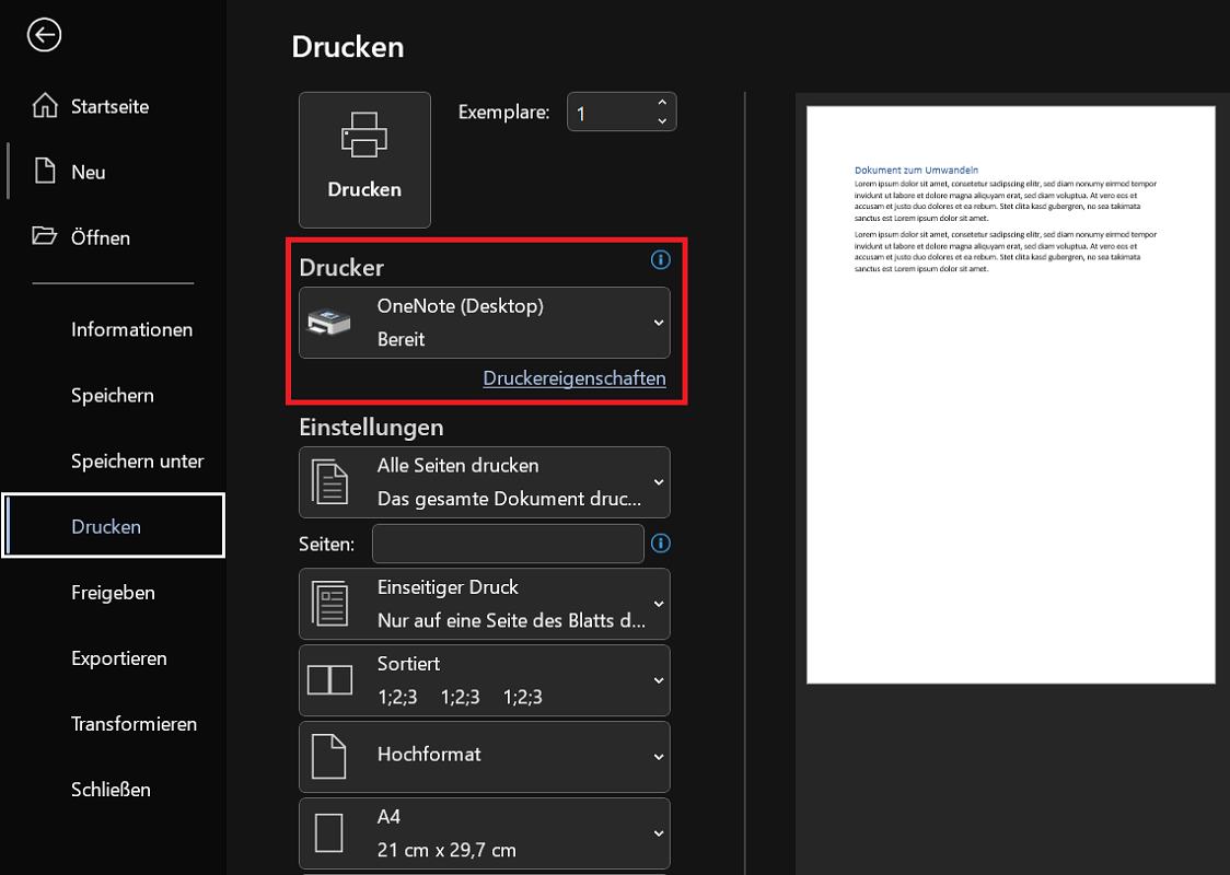 Word mit Microsoft OneNote in JPG umwandeln