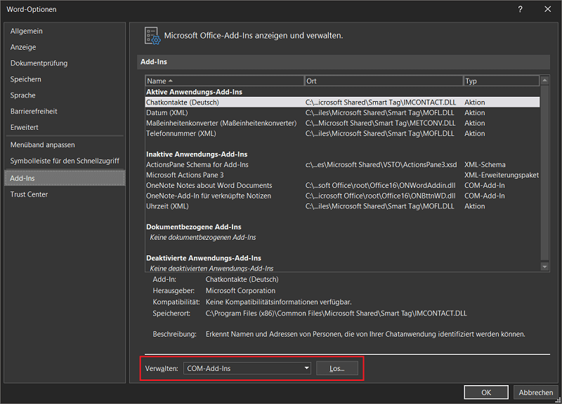Add-Ins in den Word Optionen verwalten