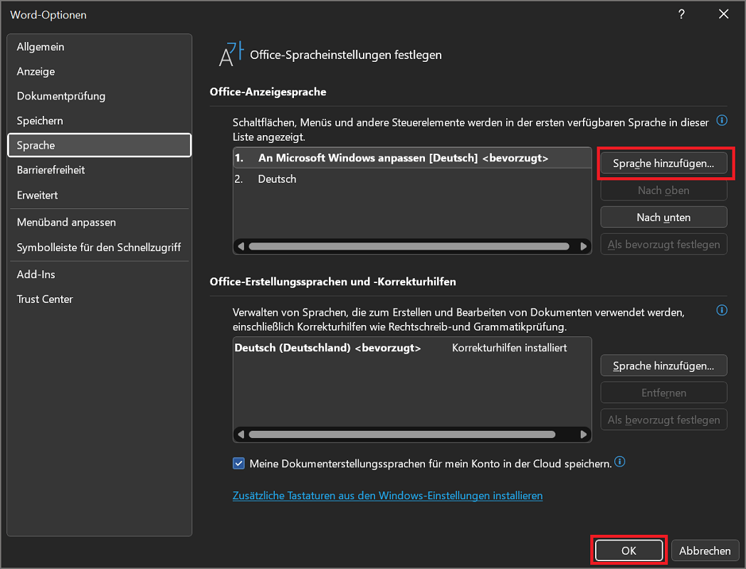 Sprache in den Optionen von Word ändern
