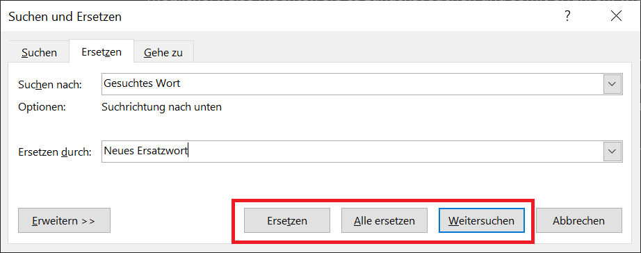 Word: Suchen und Ersetzen von W&ouml;rtern, Phrasen und Zeichen
