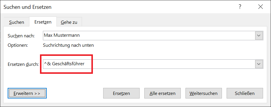 Suchen und Ersetzen in Word mit einem Platzhalter