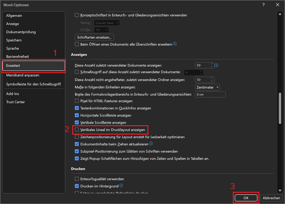 Vertikales Lineal in Word einblenden und ausblenden