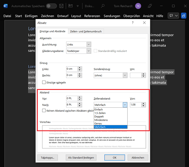 Zeilenabstand in Word nur in bestimmten Bereichen wie Abs&auml;tzen anpassen