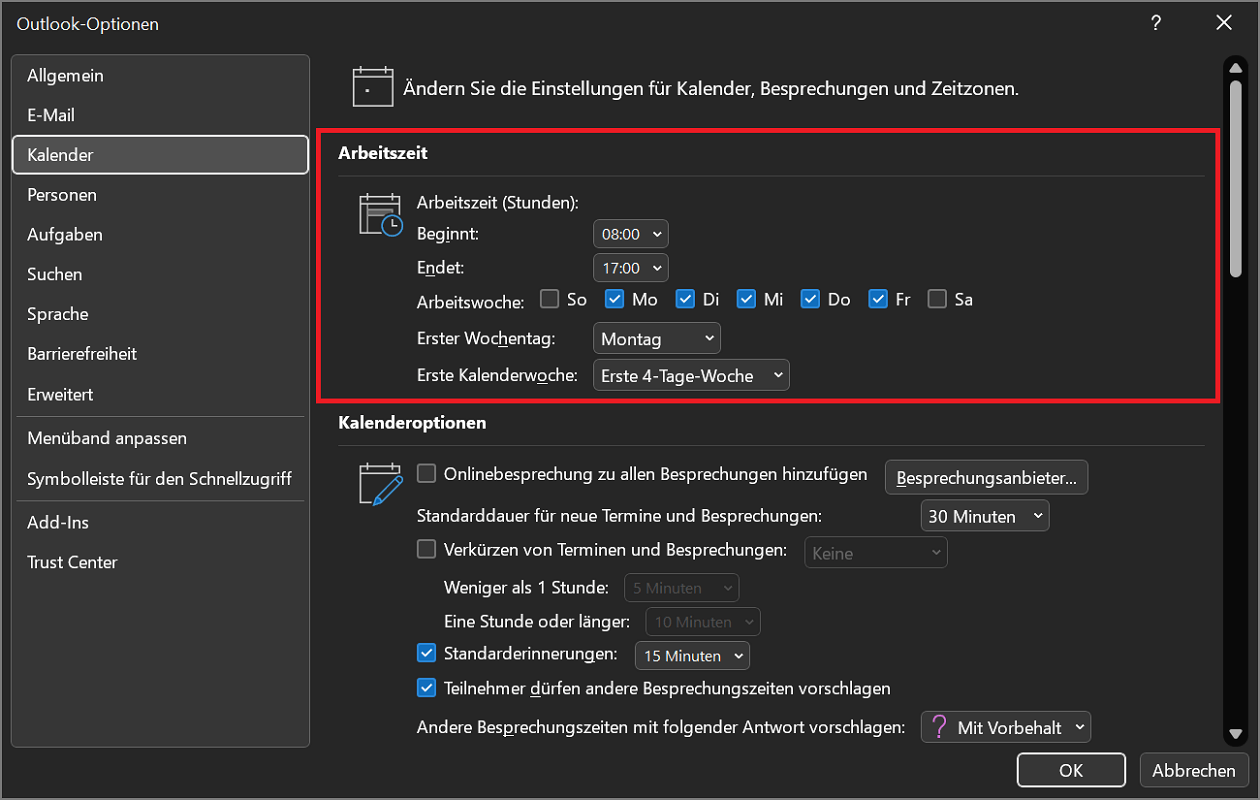 Zusätzliche Einstellungen und Anpassungen und Outlook