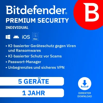 Bitdefender Premium Security Individual | 5 Geräte | 1 Jahr