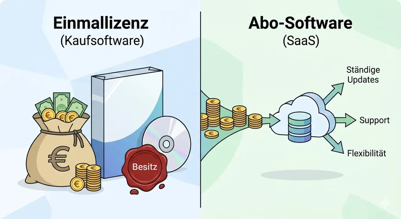 Minimalistische Vektorgrafik: Einmallizenz Software (Sack Euro, Siegel 'Besitz') vs. Abo-Software Vorteile (Cloud, Pfeile Updates und Flexibilit&auml;t)