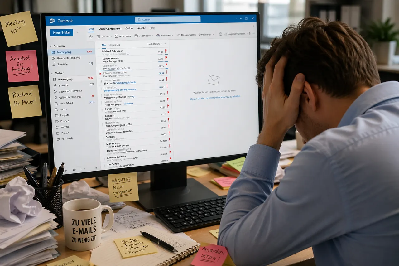 &Uuml;berf&uuml;llter Outlook Posteingang mit ungelesenen Nachrichten und fehlender Struktur