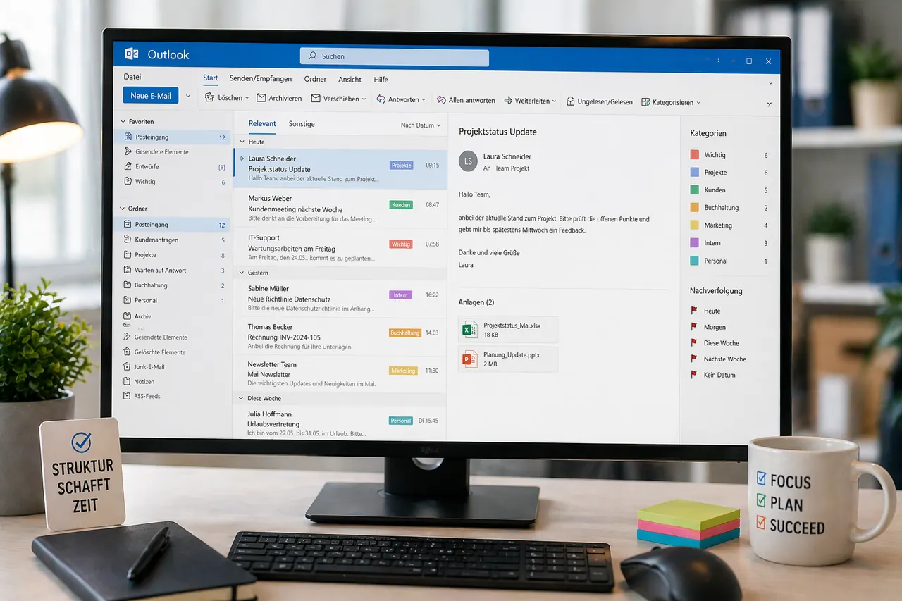 Strukturierte Outlook Inbox mit farbigen Kategorien und klaren Ordnern